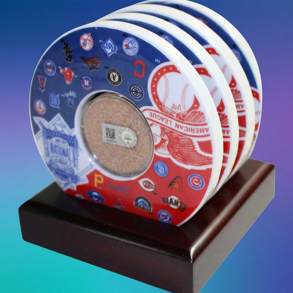 Set of four game used MLB baseball coasters on a wooden stand with a gradient background