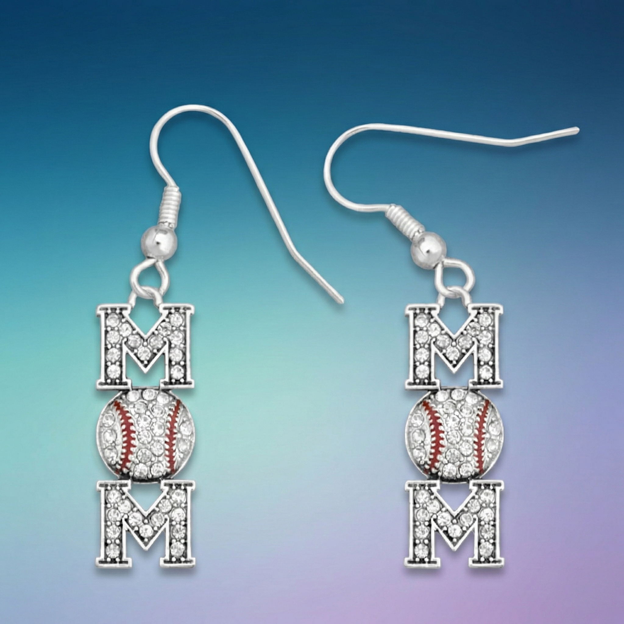 Pair of earrings with 'MOM' and baseball design on a gradient background