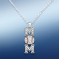 Necklace with 'MOM' pendant featuring a baseball on a gradient blue background