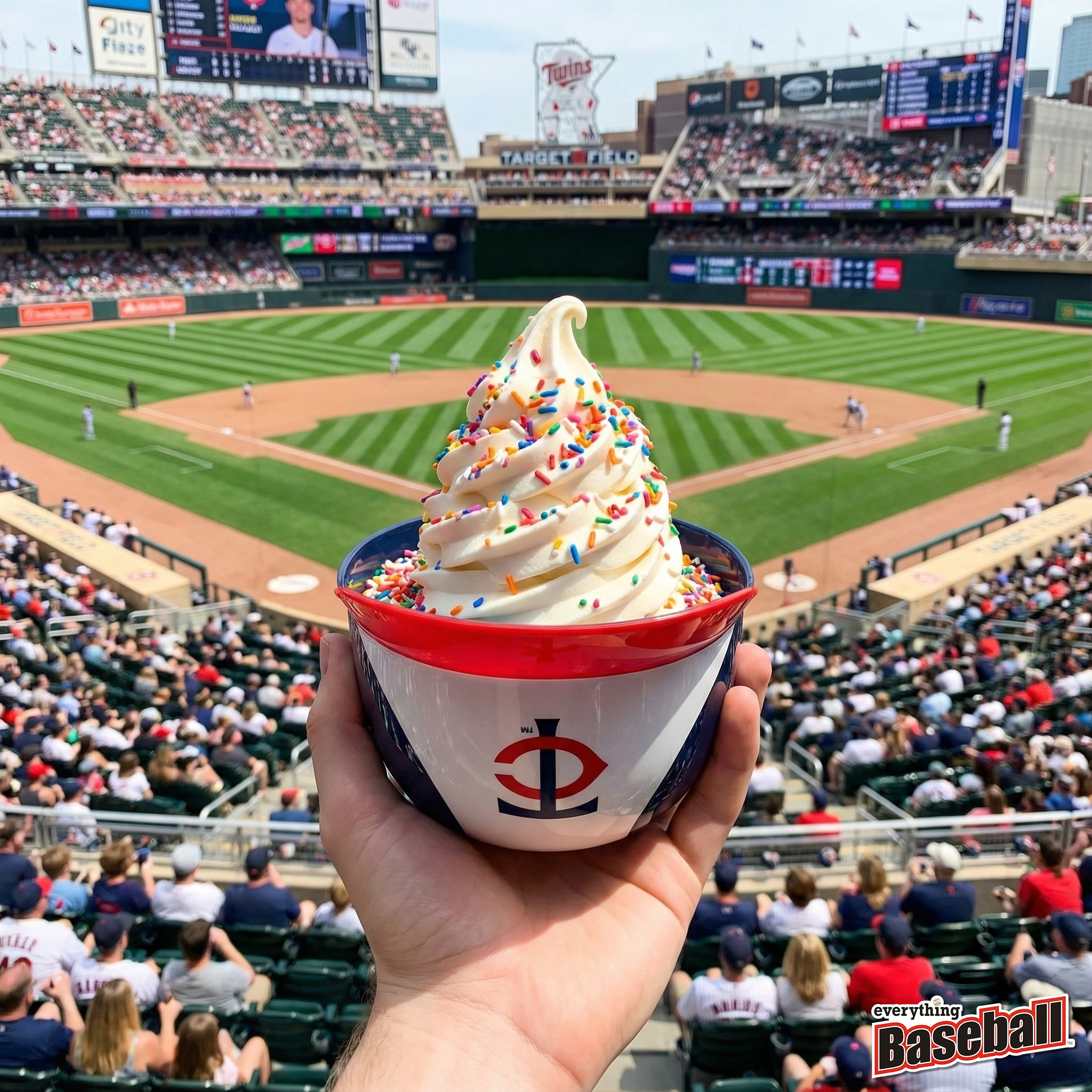 Hand holding a helmet bowl of ice cream with the Minnesota Twins baseball stadium in the background