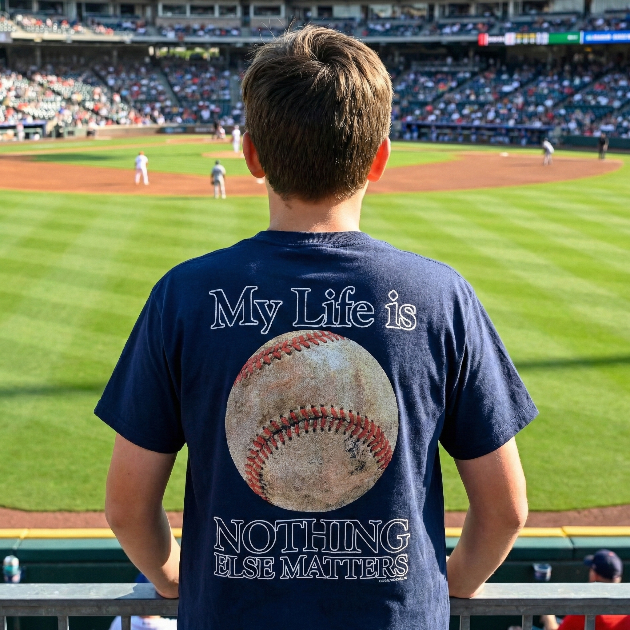 Person wearing a my life is baseball t-shirt with a baseball graphic and text at a baseball stadium