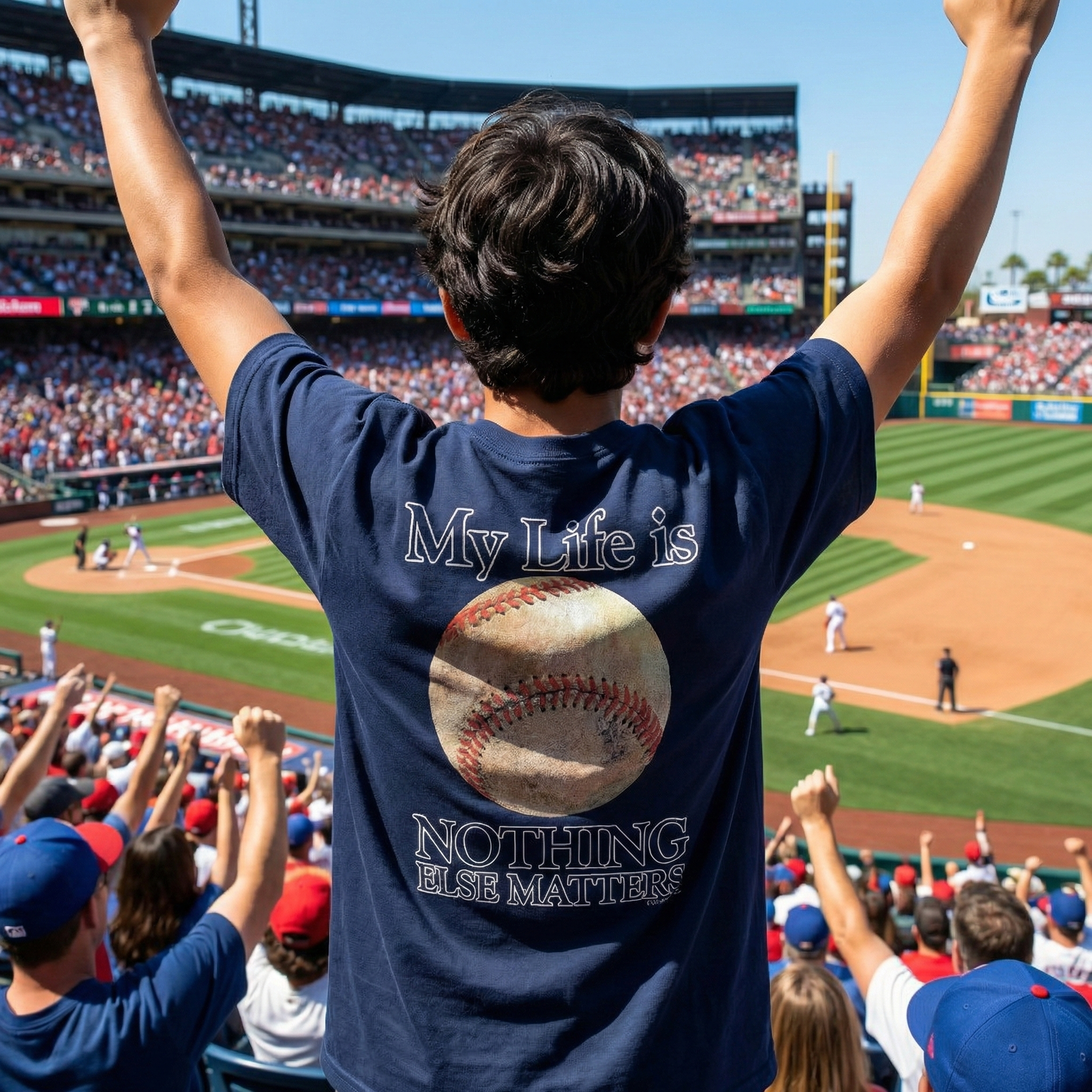 Person wearing a blue my life is baseball t-shirt with a baseball graphic and text at a baseball game.
