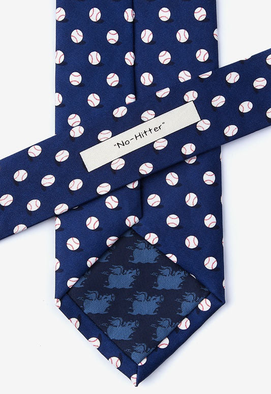 Navy blue tie with white baseball pattern and matching pocket square on a white background