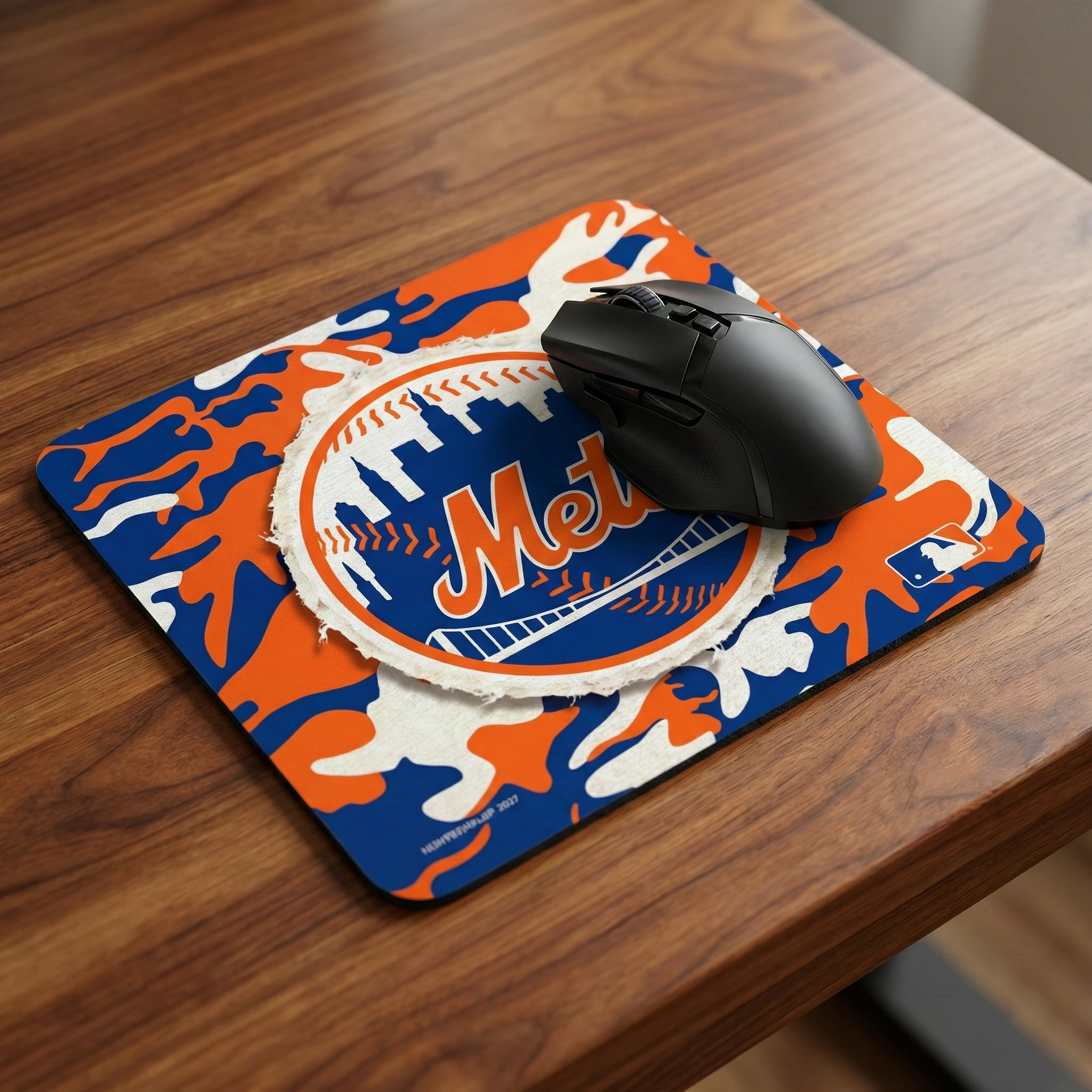 Mouse pad with camo New York Mets logo on a wooden desk
