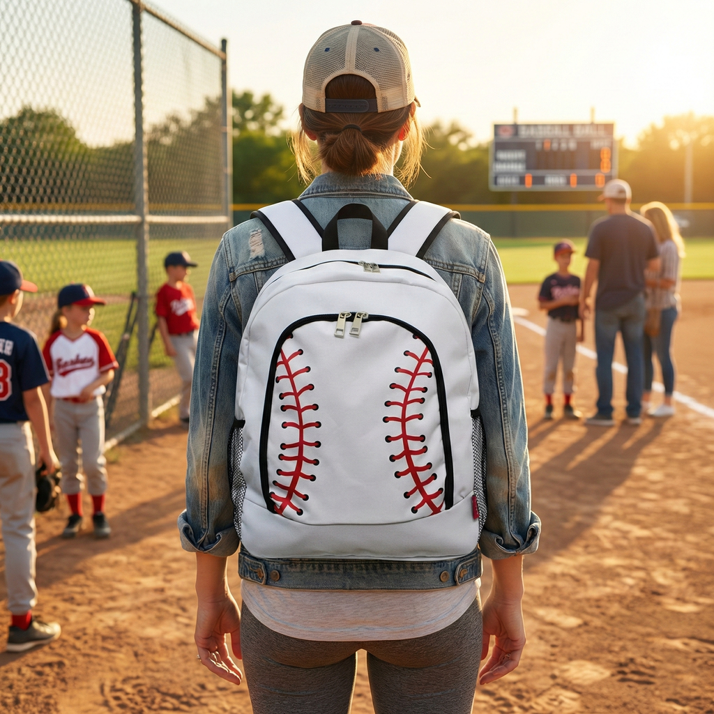 White Baseball Canvas Backpack held by a baseball team mom on the field