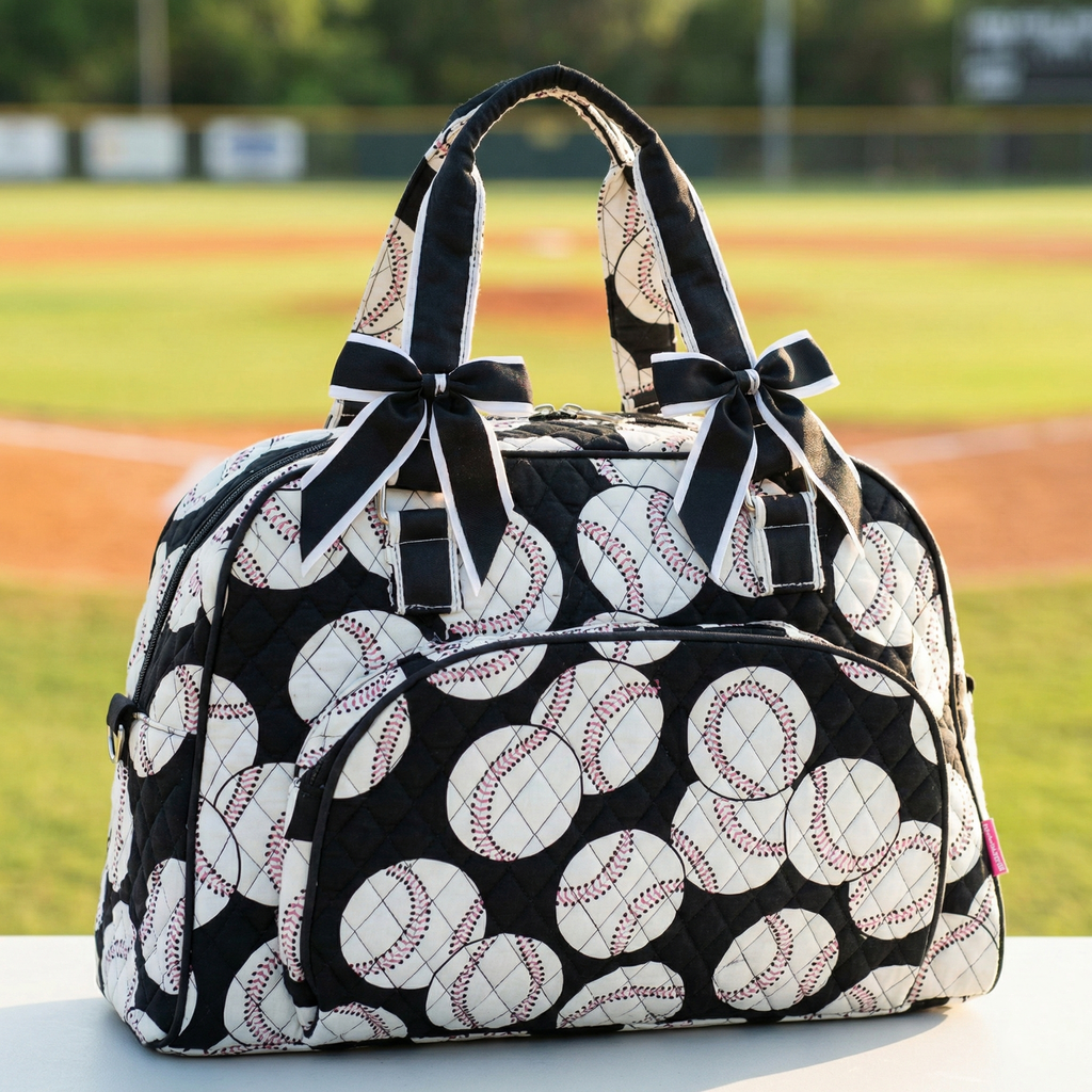 NGIL Baseballs on Black Small Quilted Duffel Bag at the ball field