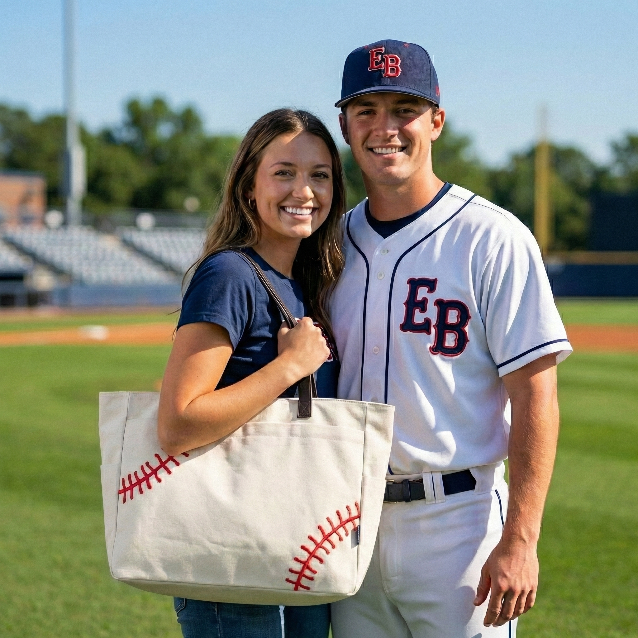 Baseball player and girlfriend with NGIL Large Baseball Canvas Tote Bag