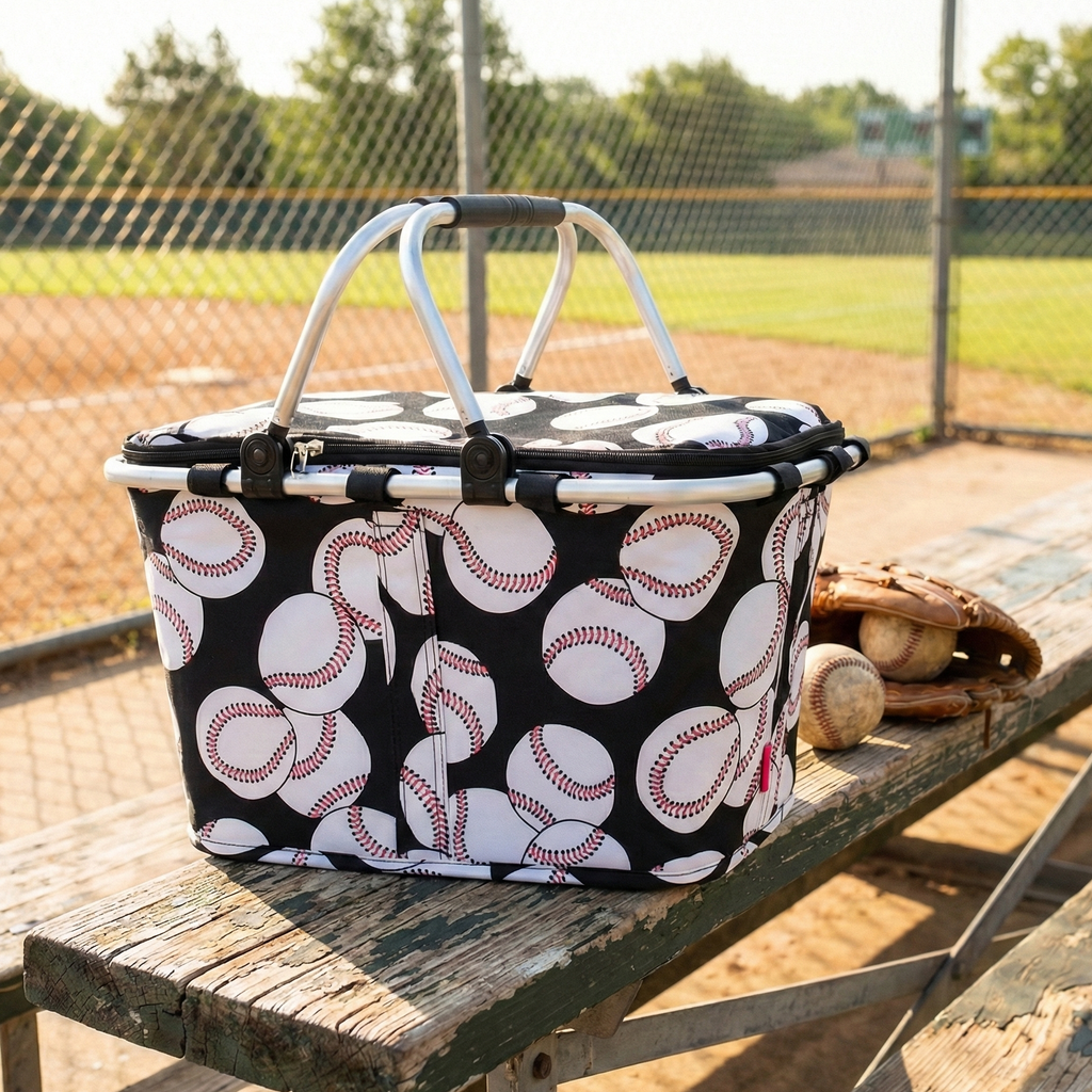 baseball picnic market basket on the bleachers at the ball field