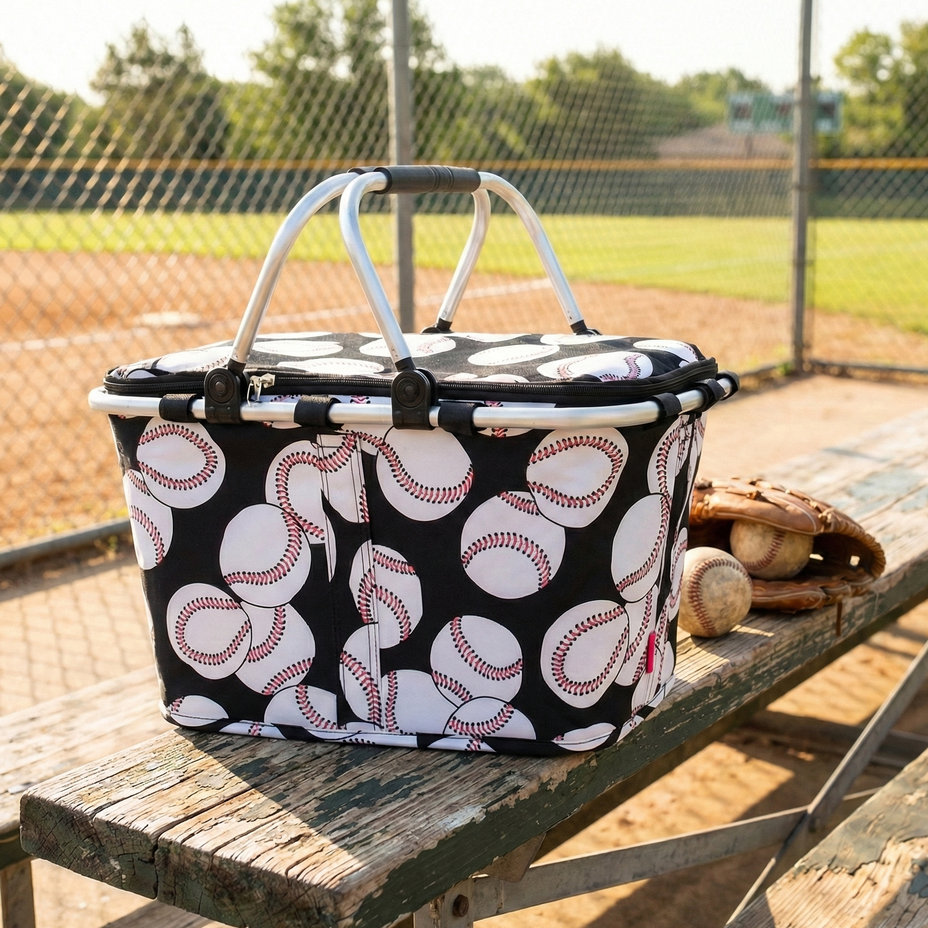 baseball picnic market basket on the bleachers at the ball field