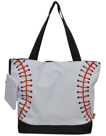 Tote bag designed like a baseball with red stitching on a white background