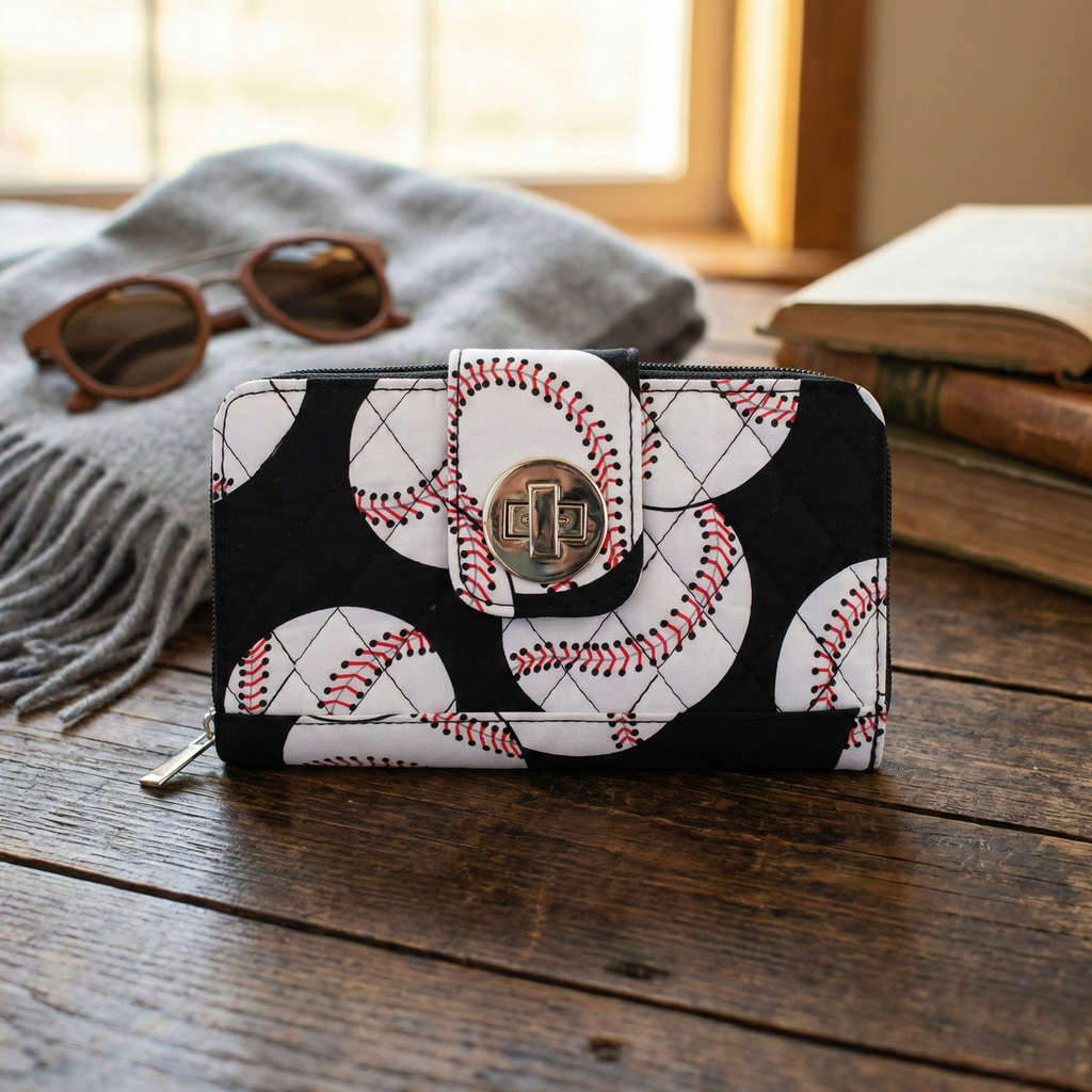 Wallet with baseball pattern on a wooden surface with sunglasses and book in the background