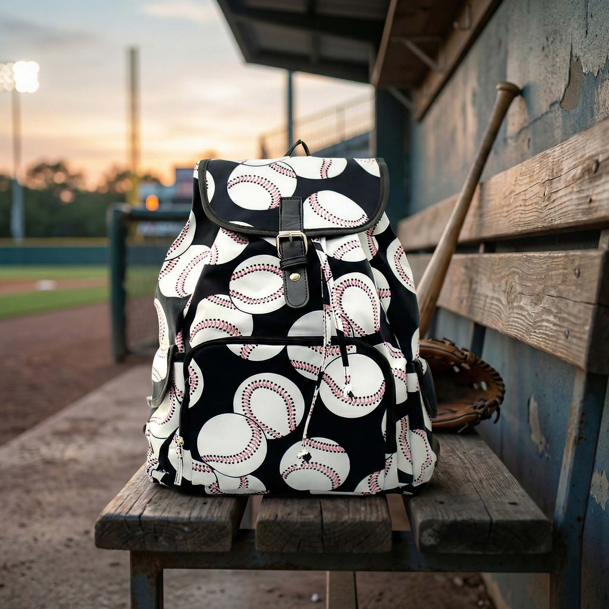 Backpack with baseball pattern on a wooden bench at a baseball field