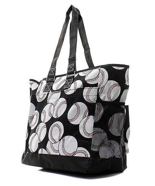 Black tote bag with baseball pattern on a white background