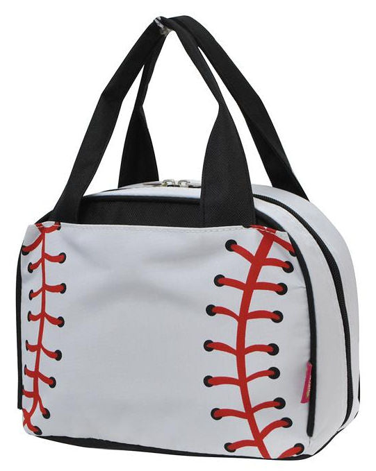 Baseball-themed lunch bag with red and black stitching on a white background