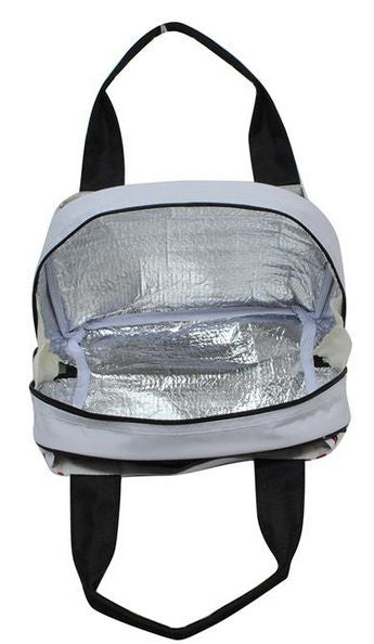 Insulated baseball lunch bag with black straps on a white background