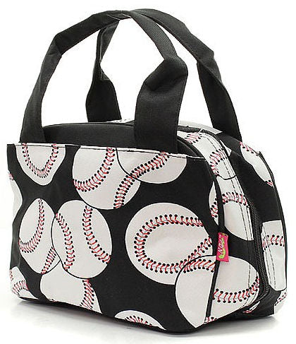 Black lunch bag with baseball pattern on a white background