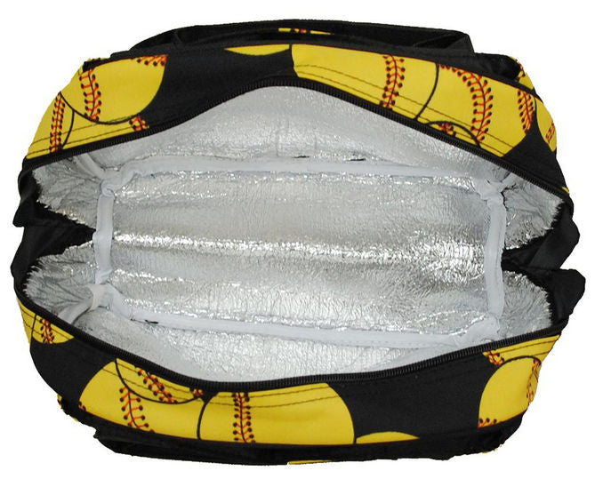 Inside of softball lunch bag, showing insulated interior.