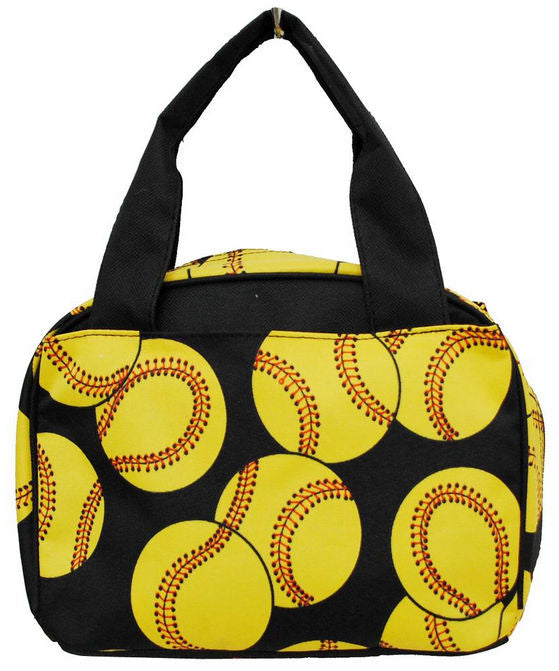 Black lunch bag with yellow softball pattern on a white background