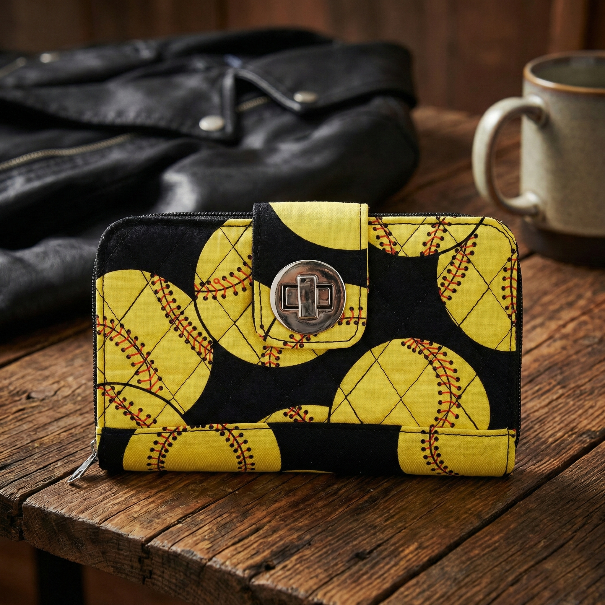 Yellow and black softball patterned wallet on a wooden surface with a leather jacket and mug in the background.