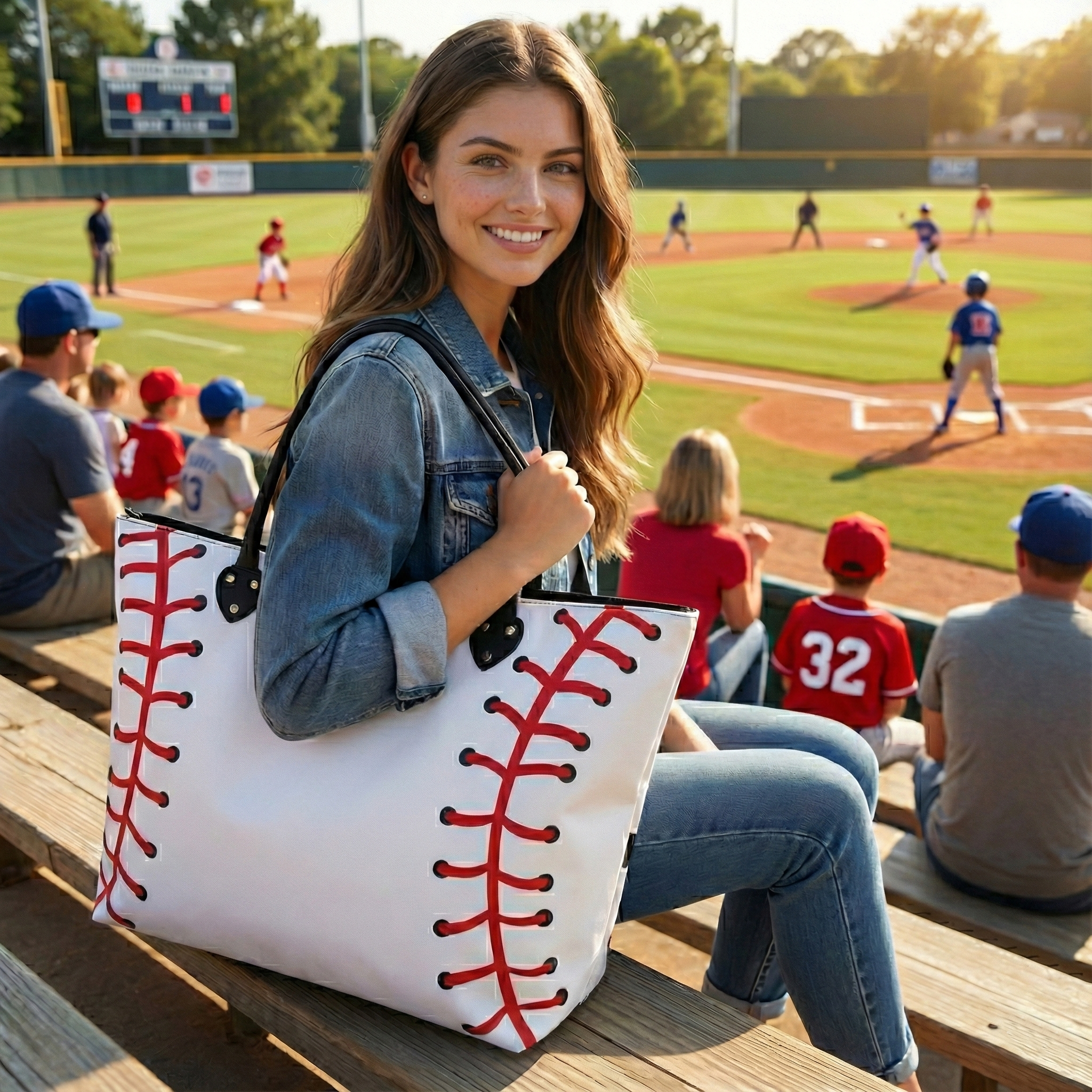 Woman holding a baseball-themed tote bag at a baseball game