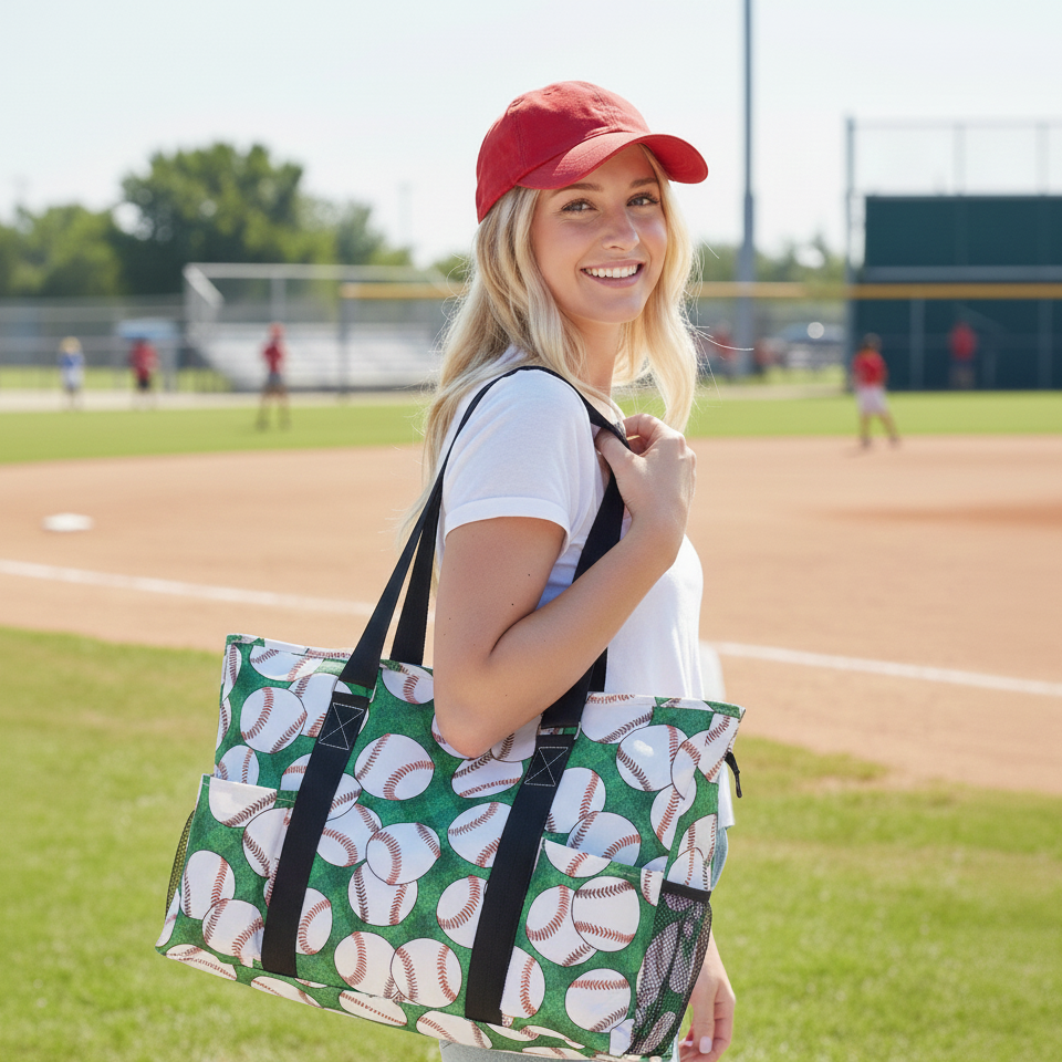Woman holding a green tote bag with baseball pattern on a baseball field