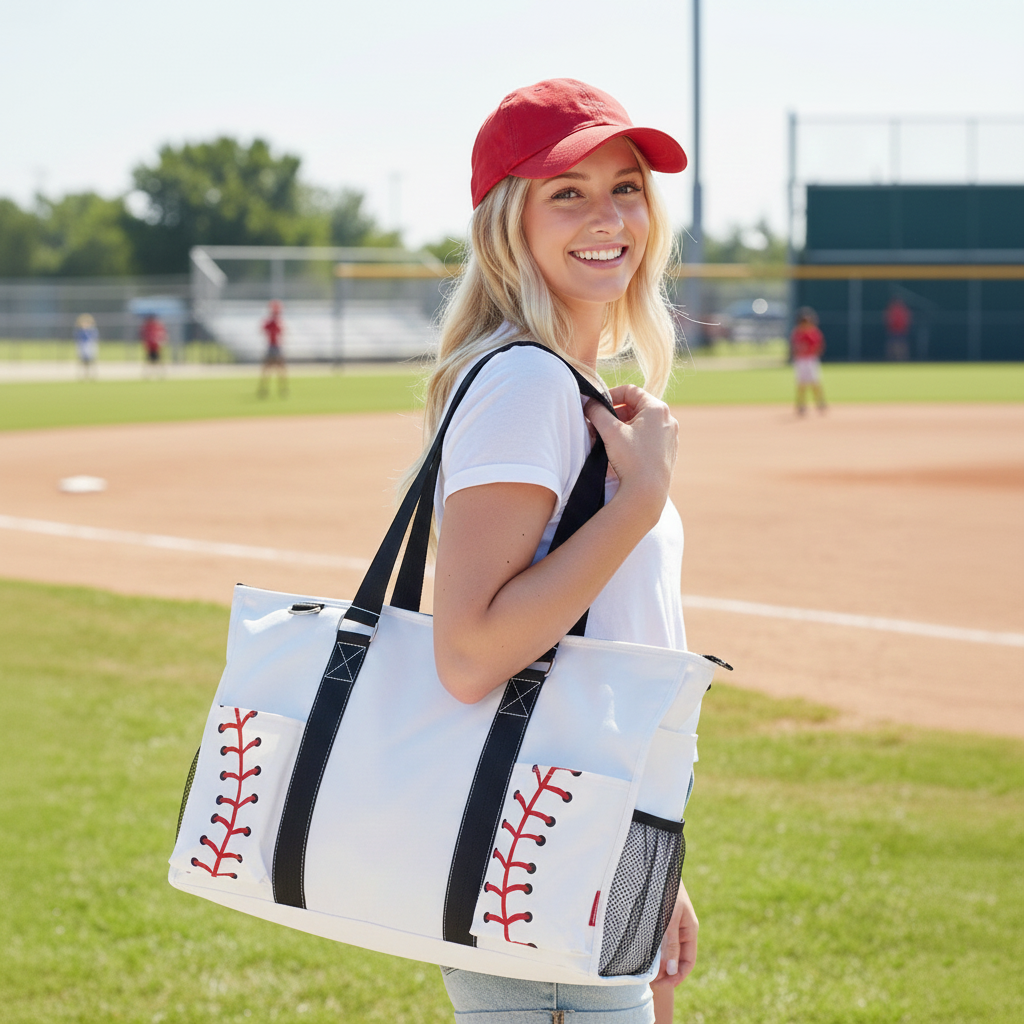 Woman holding a tote bag with baseball designs on a baseball field