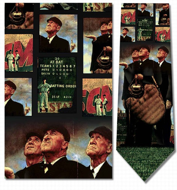 Necktie featuring Bottom of the Sixth Norman Rockwell baseball elements and a scoreboard.