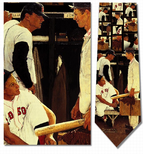 Two panels of a baseball-themed painting showing players in a dugout and on a bench.