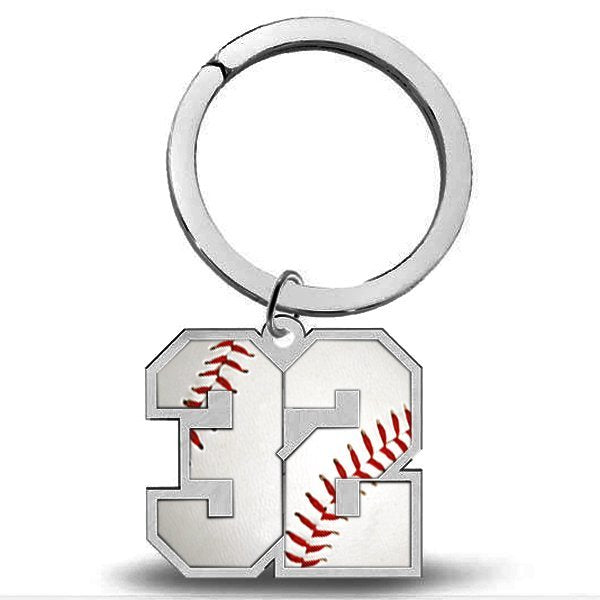 Keychain with number 32 and baseball design on a white background