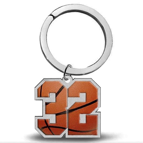 Basketball-themed keychain with number 32 on a white background