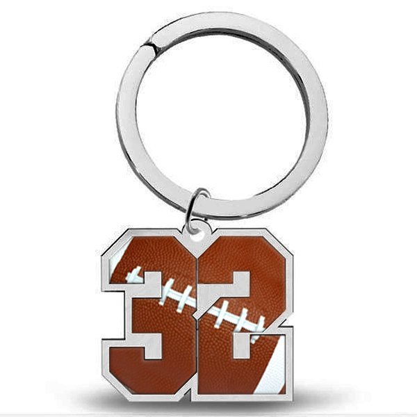 Keychain with number 32 and football design on a white background