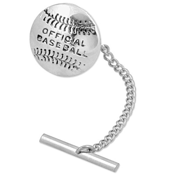 Silver tie pin with 'Official Baseball' text on a white background