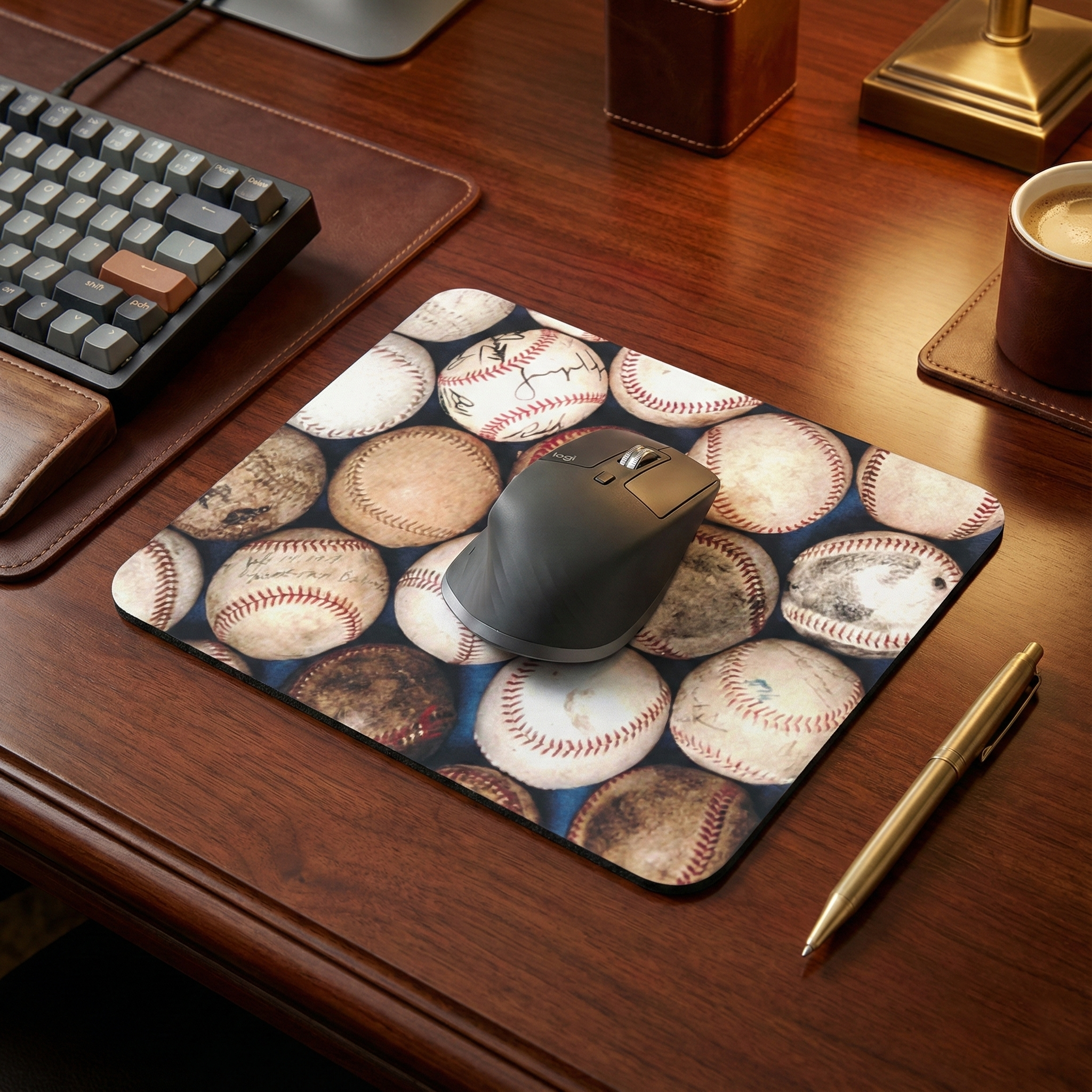 Mouse on a baseball patterned mouse pad on a wooden desk with a keyboard and cup.