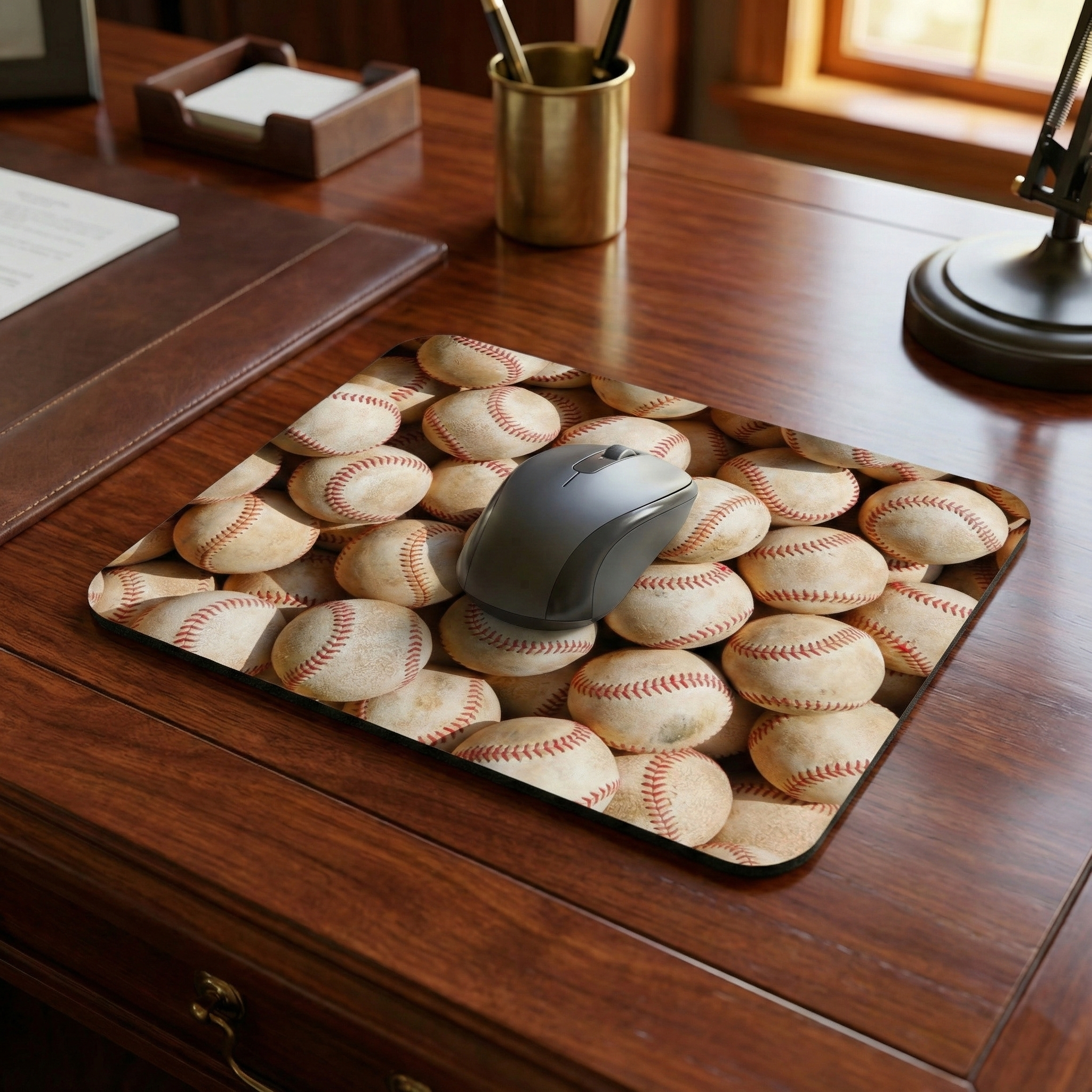 Mouse on a baseball-themed mouse pad on a wooden desk
