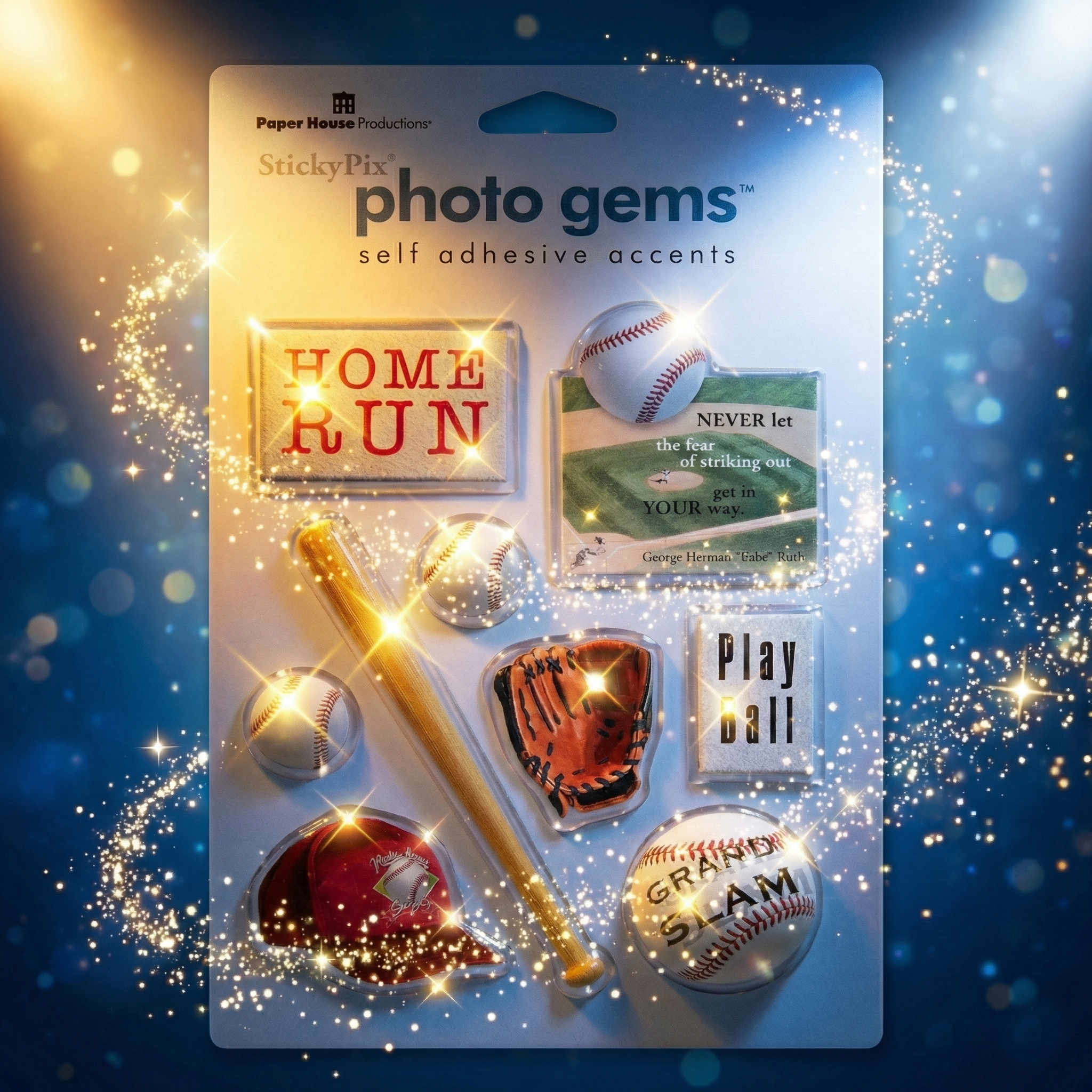 Packaging of Paper House Sticky Pix photo gems with baseball-themed items on a blue background with sparkling effects.