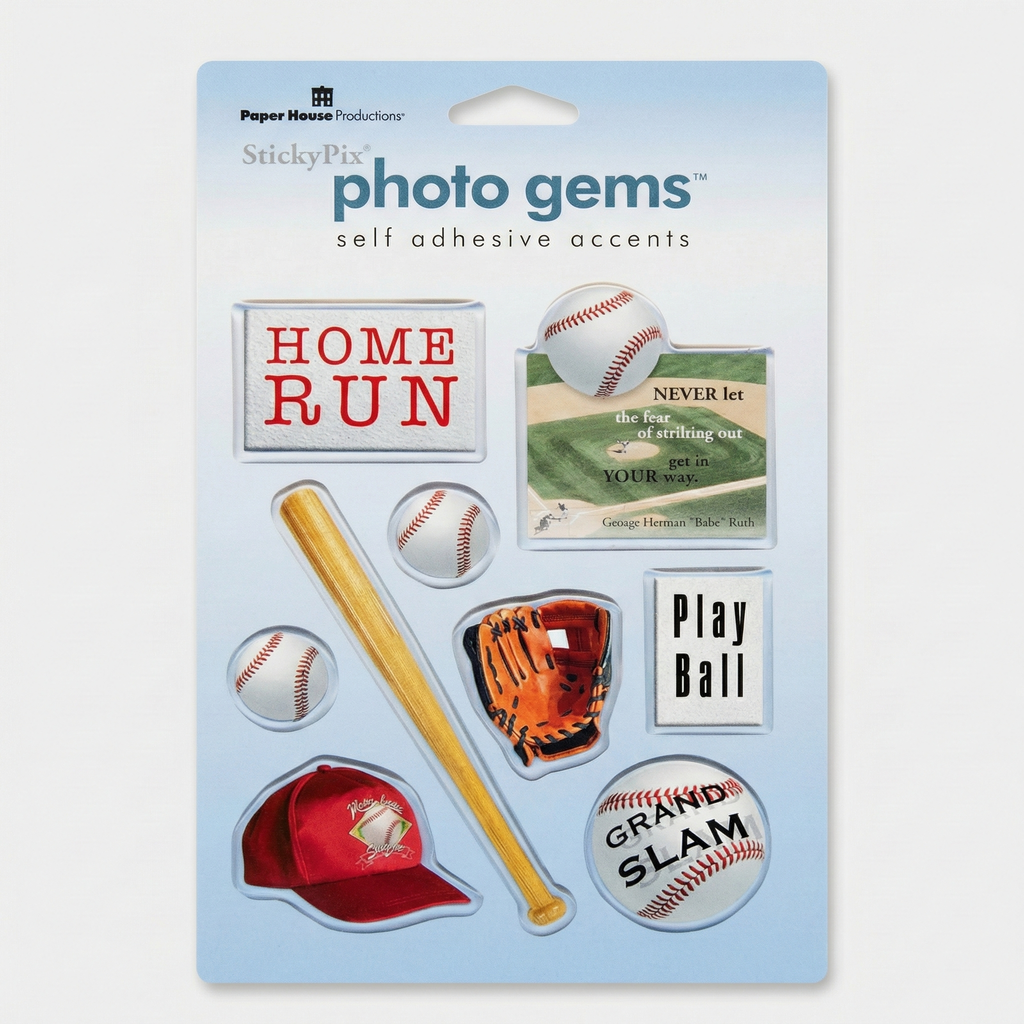 Packaging of Paper House StickyPix photo gems with baseball-themed stickers on a light blue background