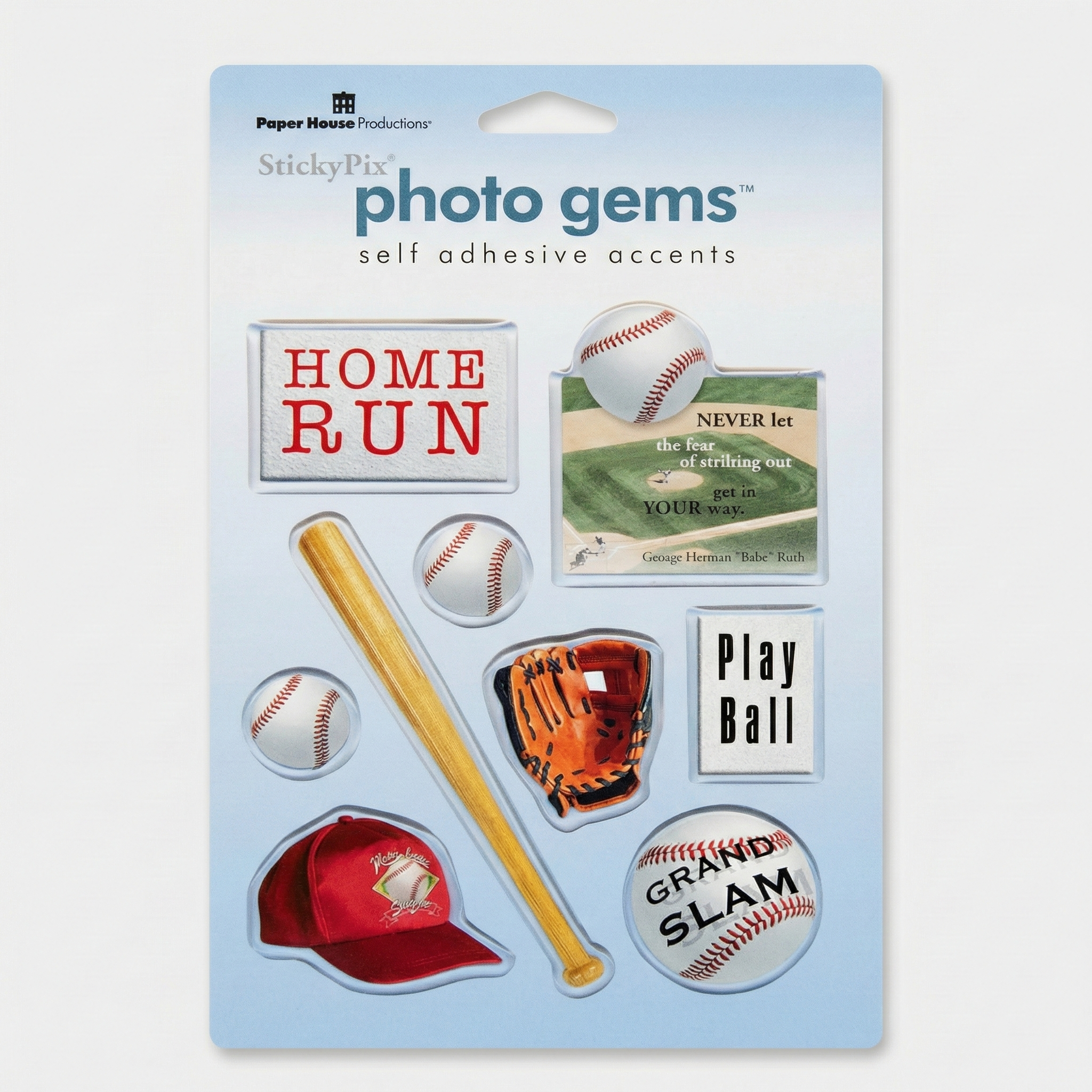 Packaging of Paper House StickyPix photo gems with baseball-themed stickers on a light blue background