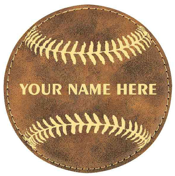 Brown leather baseball coaster with 'Your Name Here' text on a white background