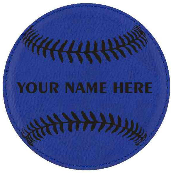 Blue baseball coaster with black 'Your Name Here' text on a white background