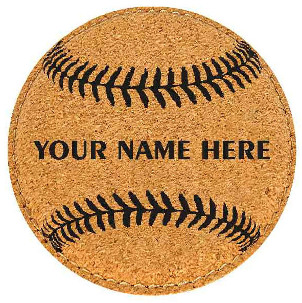 Baseball-shaped coaster with 'Your Name Here' text on a white background