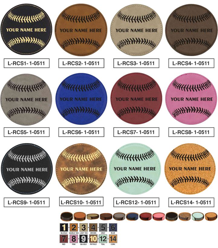 Collection of round baseball coasters with various color options and 'Your Name Here' text.