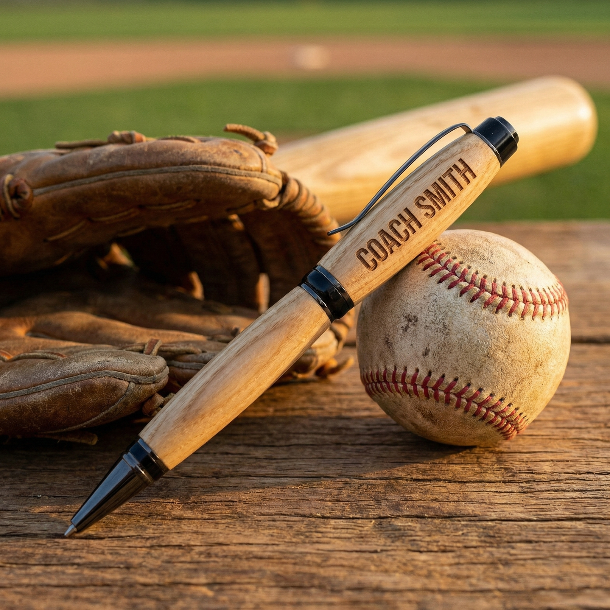 Personalized custom baseball bat wood writing pen with baseball items at the baseball field