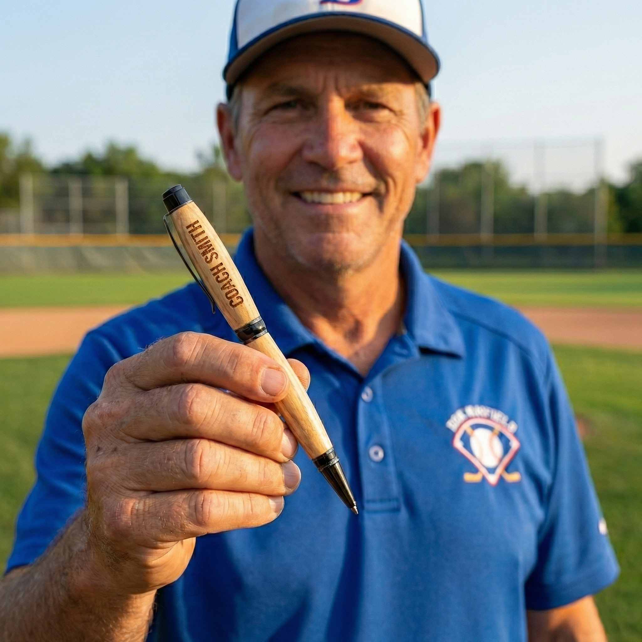 Personalized custom baseball bat wood writing pen held by Coach Smith on a baseball field