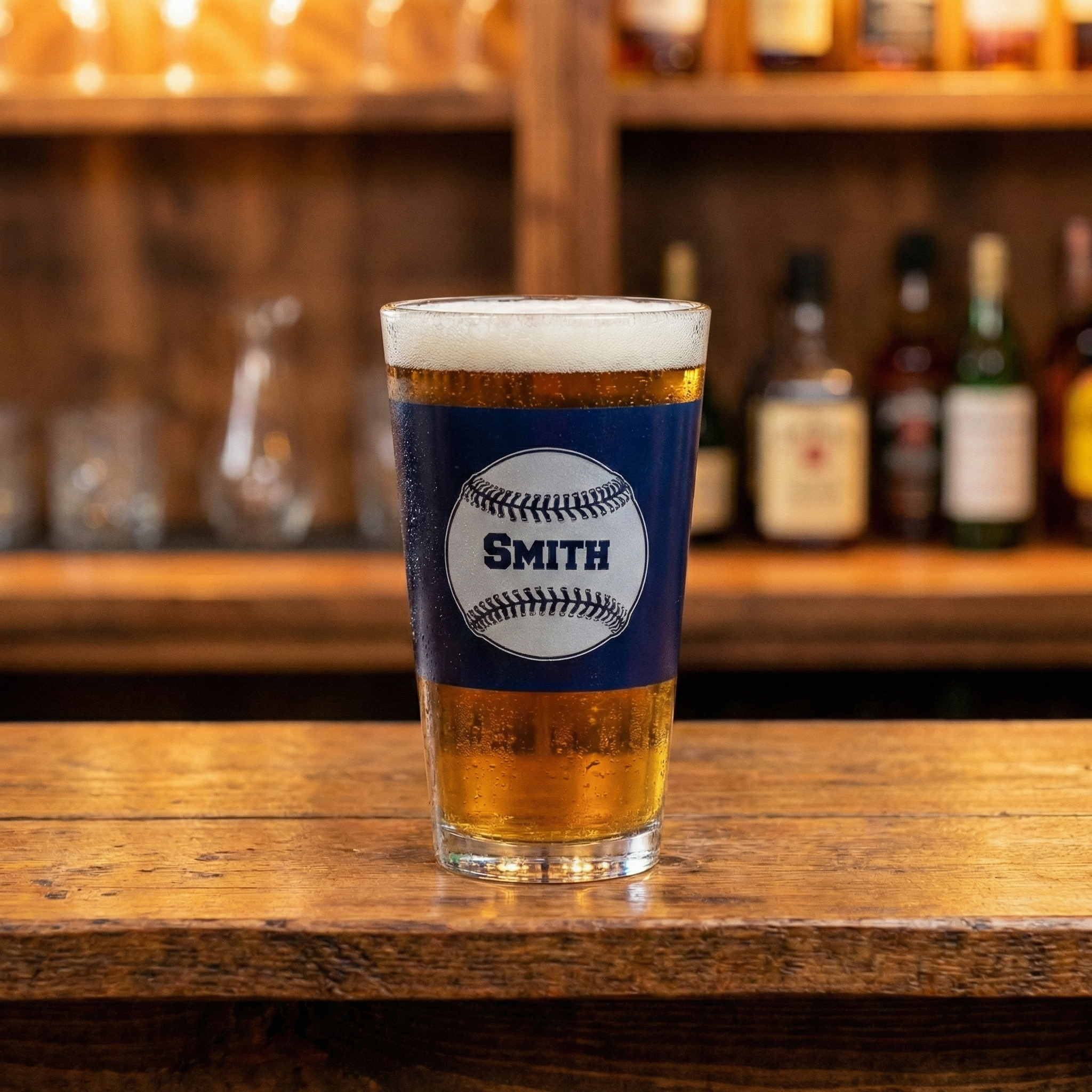Blue custom personalized baseball pint glass with 'Smith' engraving holding cold beer on a bar counter with bottles in the background