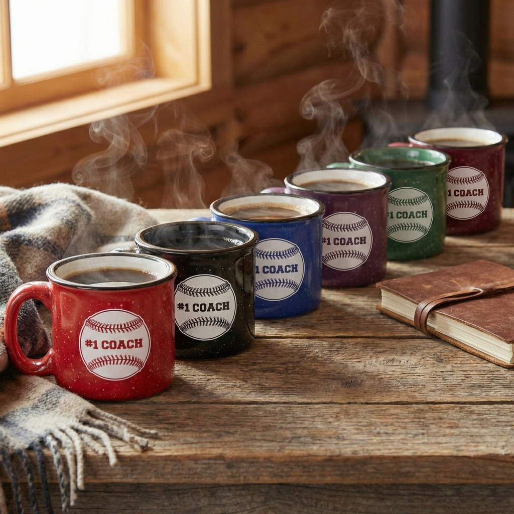 Colorful baseball campfire mugs with '1 Coach' label on a wooden surface, each full of coffee emitting steam.