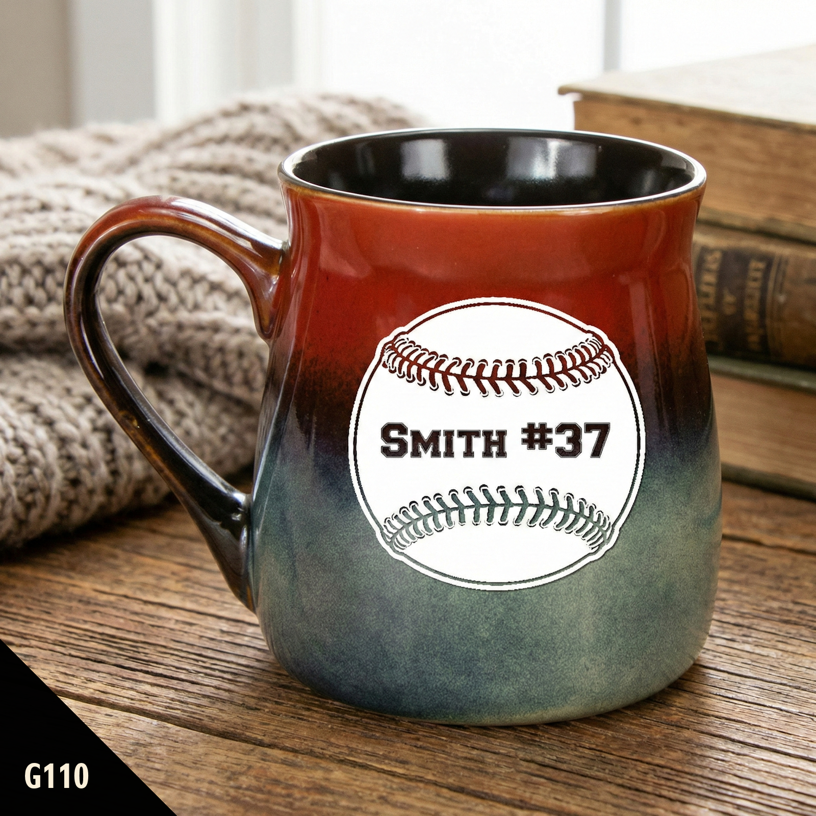 personalized coffee mug with a baseball design and 'Smith #37' text on a wooden surface.