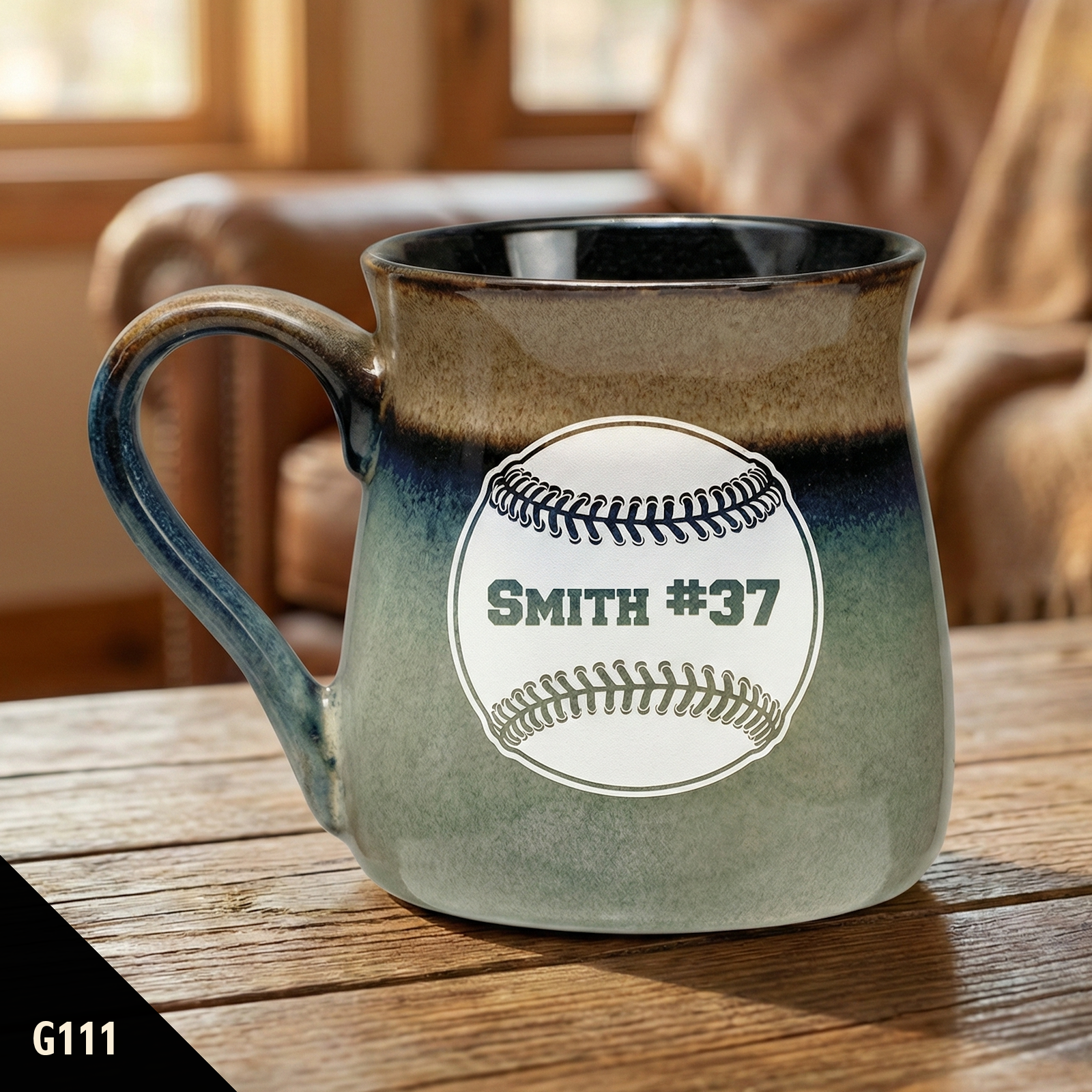 Vintage custom coffee mug with a baseball design and 'Smith #37' text on a wooden table.