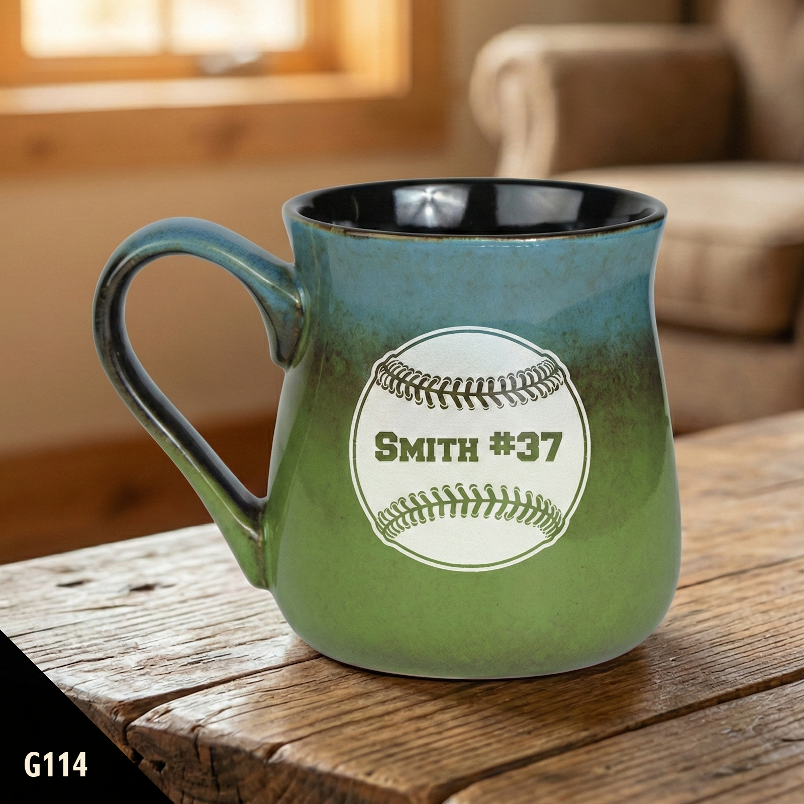 Vintage custom green coffee mug with a baseball design and text on a wooden surface