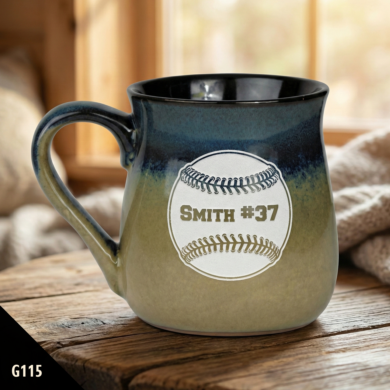 Mug with a baseball design and text on a wooden surface