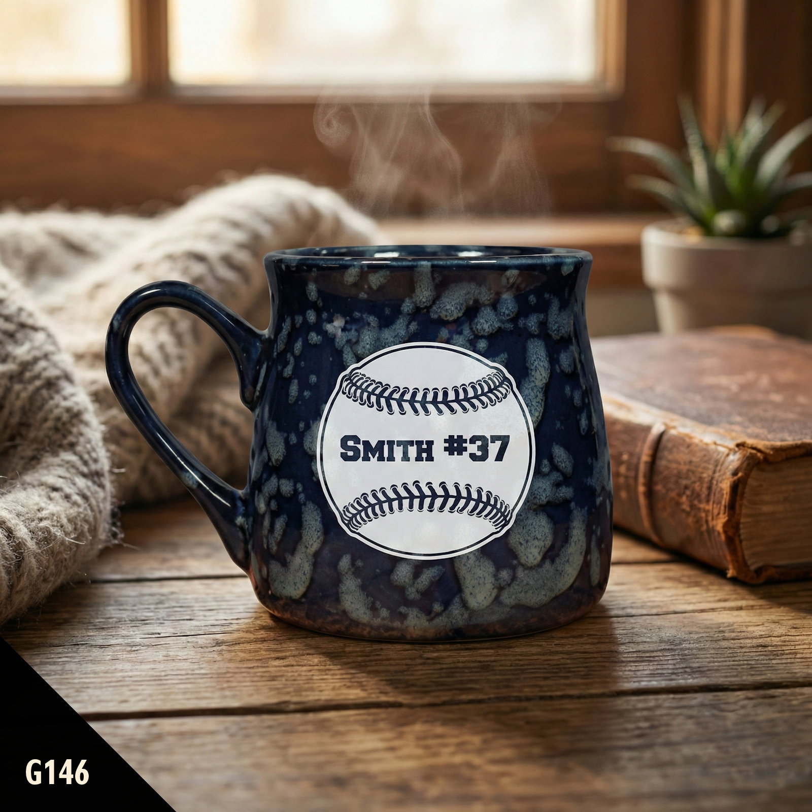Blue marbled ceramic Paris tavern coffee cup with a baseball design and 'Smith #37' text on a wooden surface.